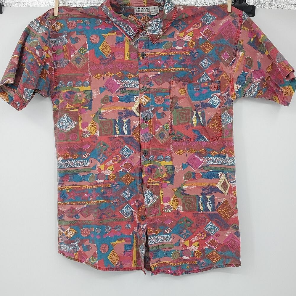 Chico's Design Geometric Button Up Collared Shirt Women's Size 1 Maroon 90s Vtg